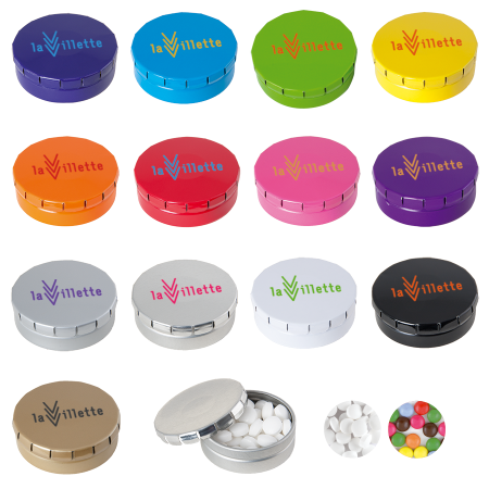 Rond click clack blik (Ø 45 mm) standaard gevuld met DutchDex dextrose mints