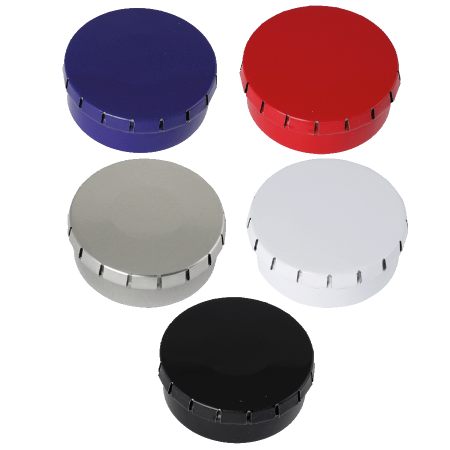 Rond click clack blik (Ø 53 mm) standaard gevuld met DutchDex dextrose mints.